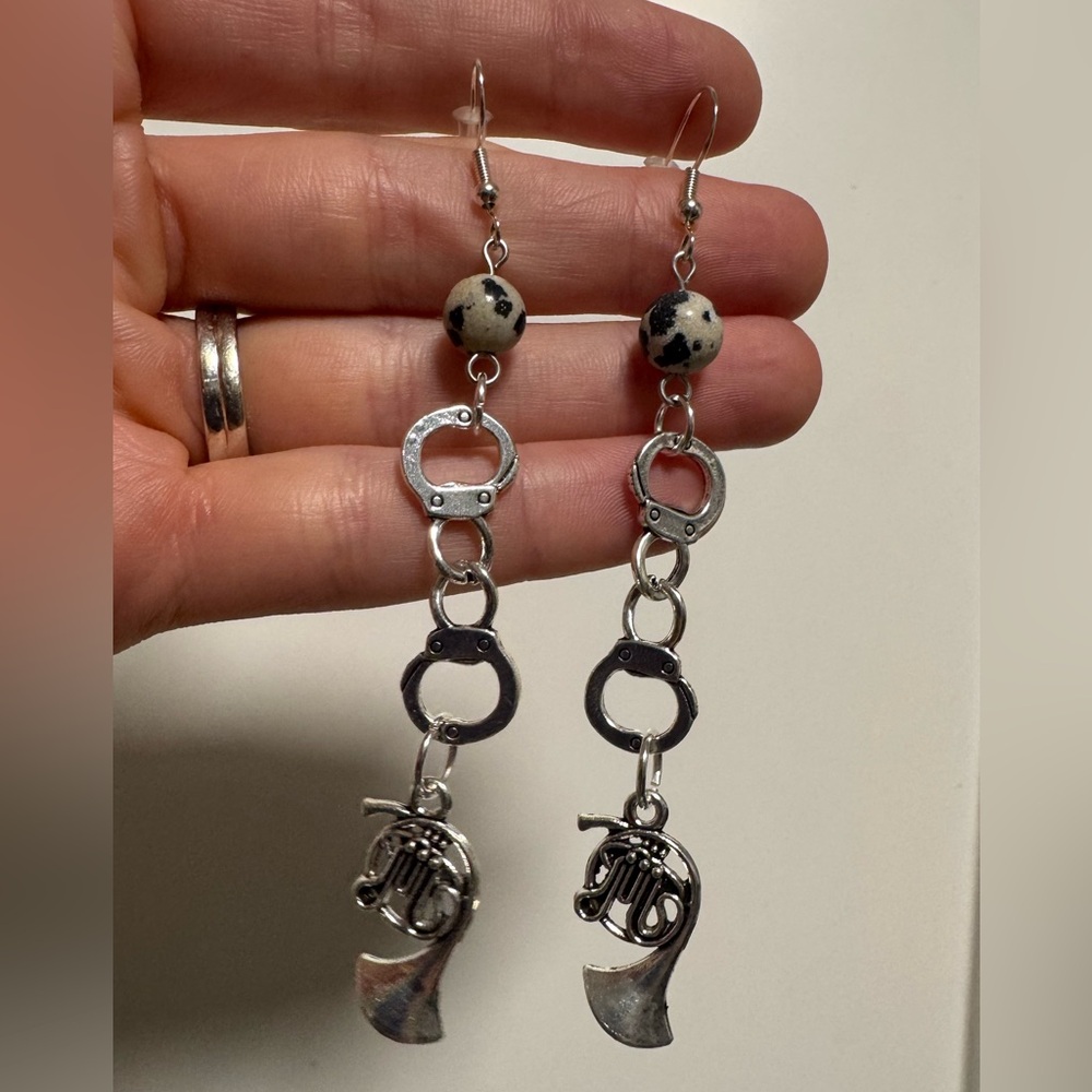 Dalmatian Jasper French horn Dangle Earrings